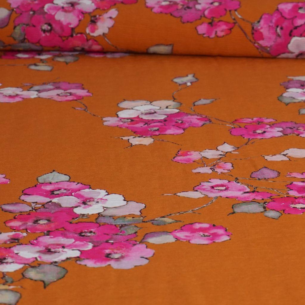 Viskose Plissé Blumen orange pink